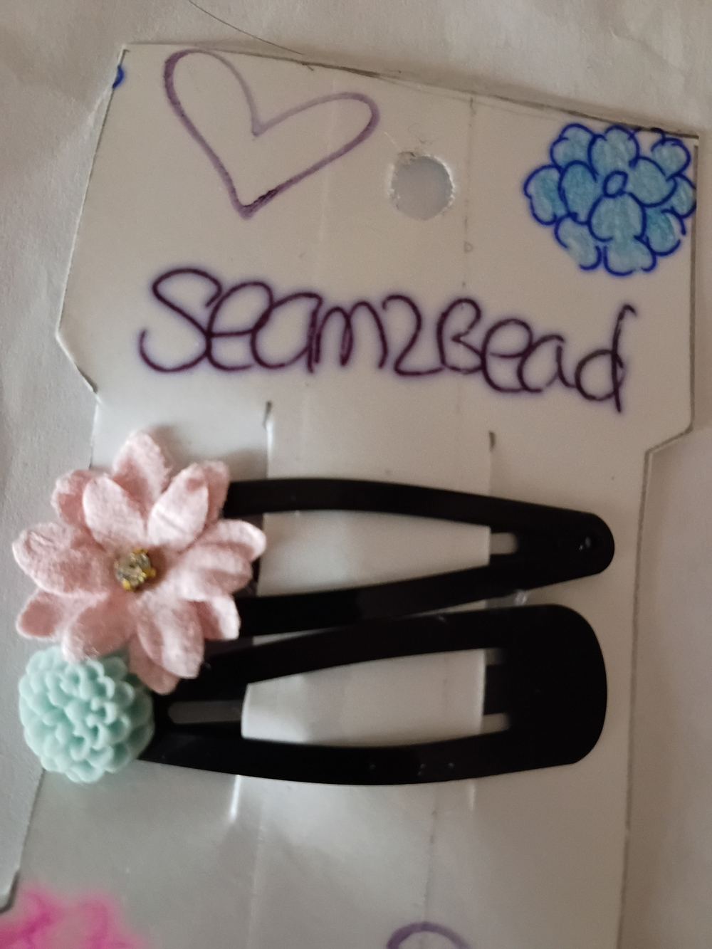 Flower Accent Black Snap Hair Clips - Pink & Mint Floral